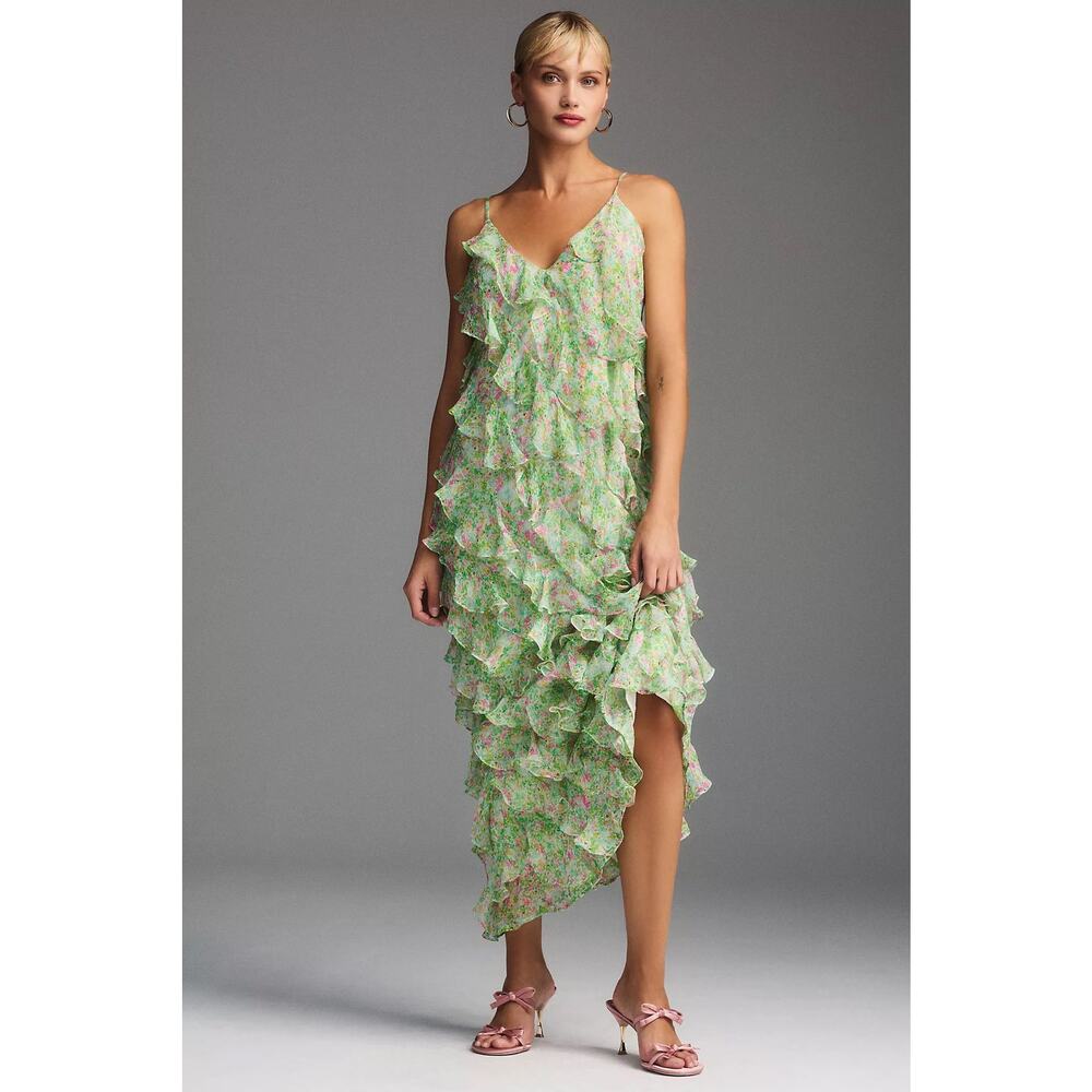 BHLDN | Jia Printed Bias-Cut Ruffled V-Neck Gown